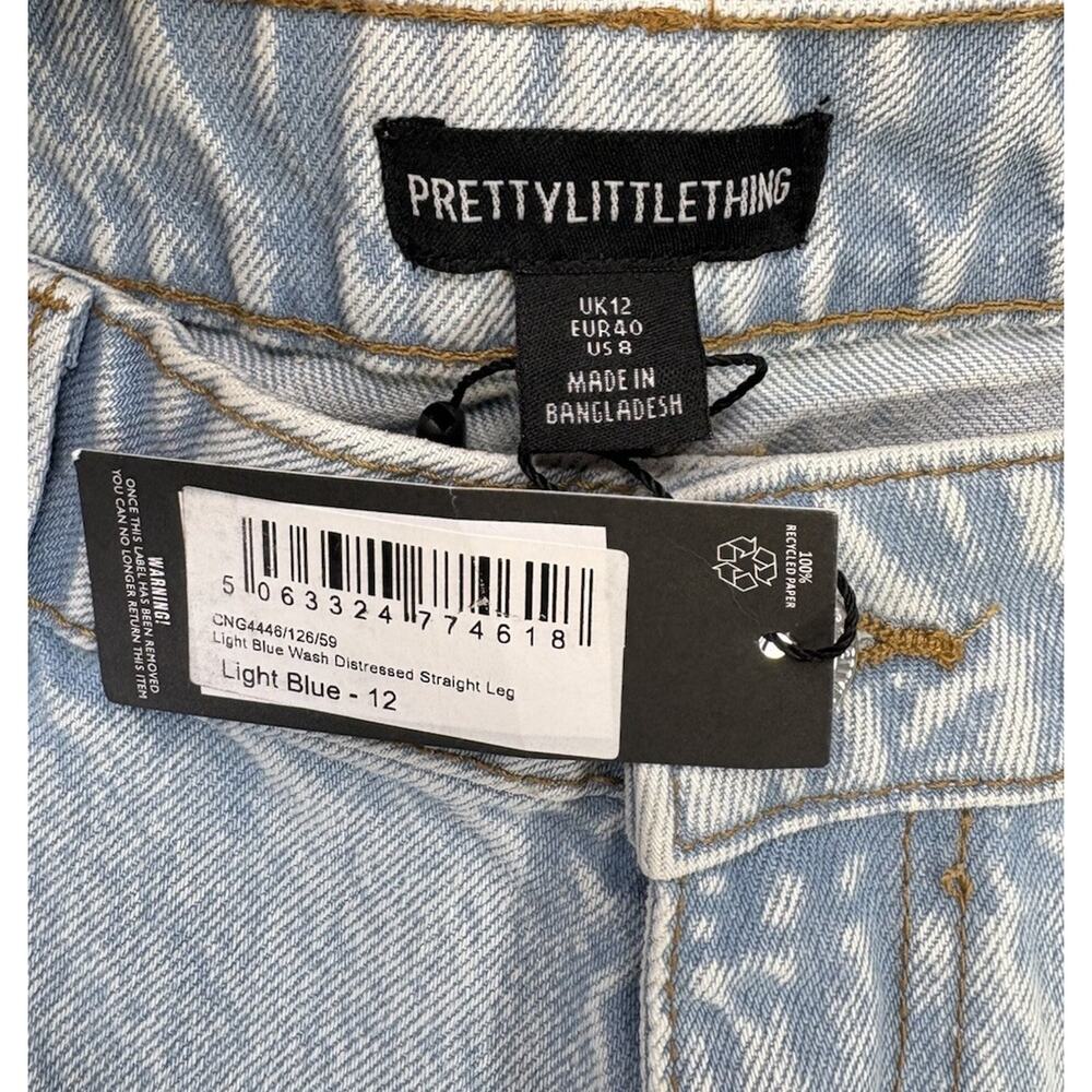 Pretty Little Thing PLT Jeans US 8 Light Blue Wash Distressed Straight Leg NWT - Picture 3 of 11